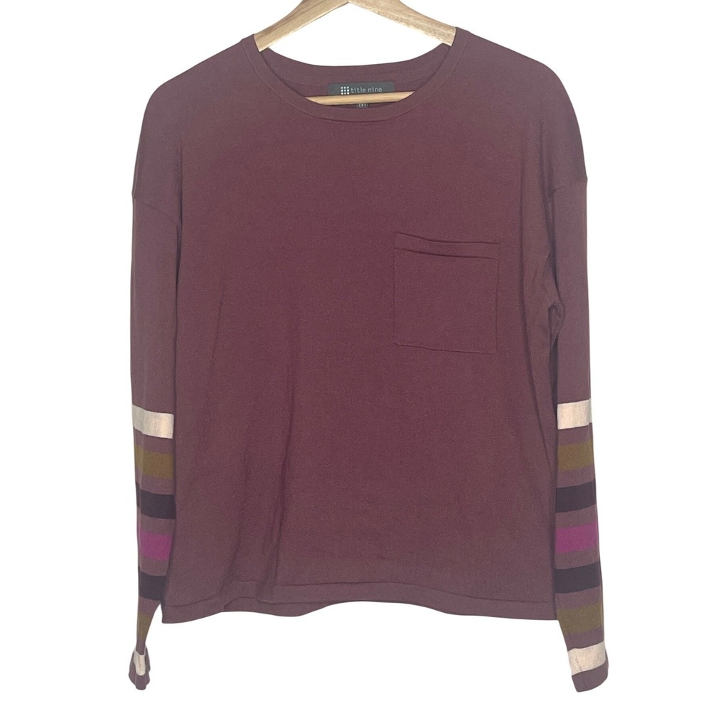 Title Nine Womens Burgundy Striped Sleeve Pocket Knit Top Size M Relaxed Fit